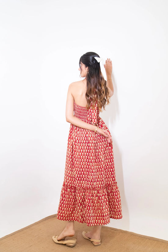 Maroon Red Floral Cotton Halter Maxi Sundress with Pocket SpringSummer'24