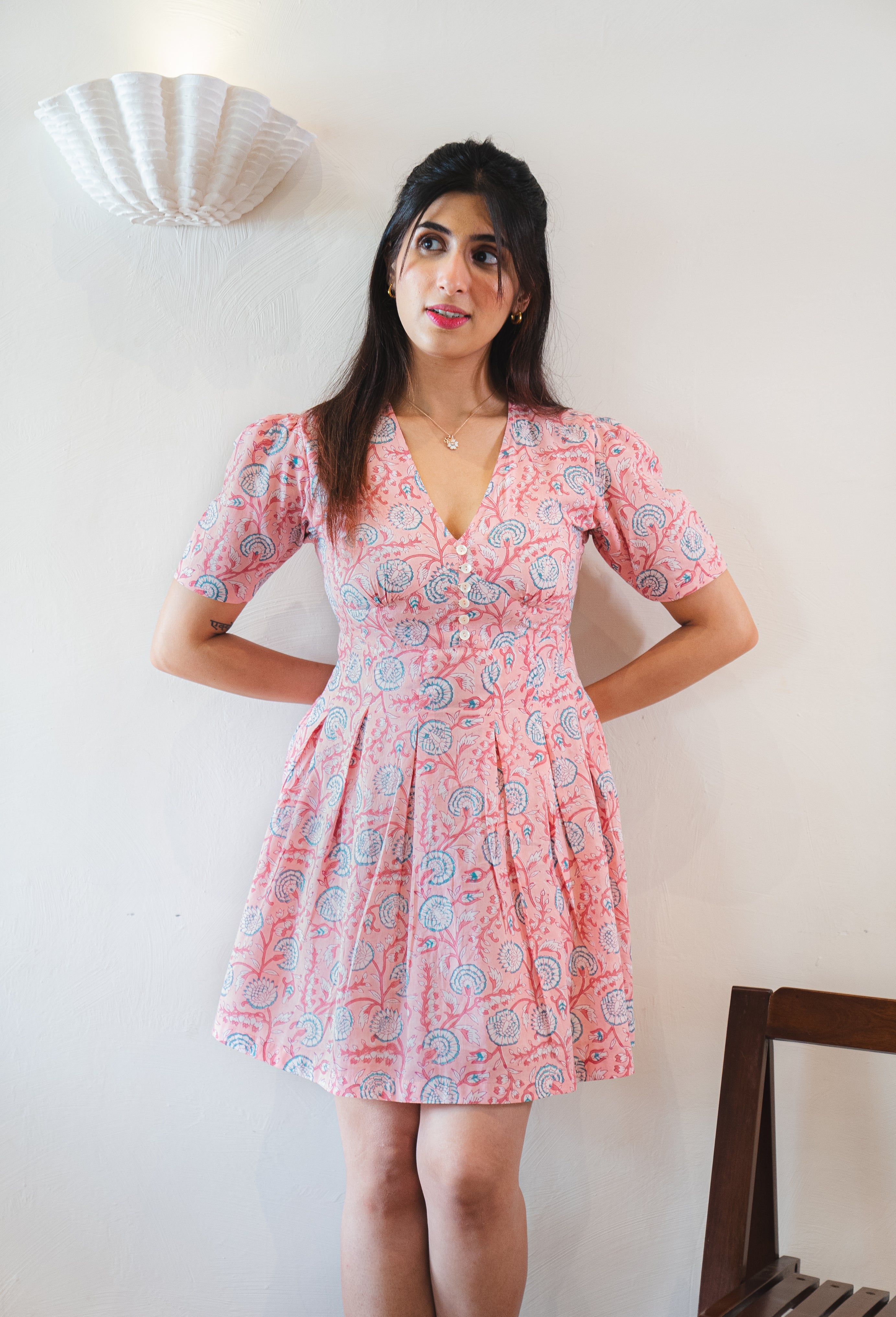 Pink with Blue Floral V-Neckline Dress with Sleeves