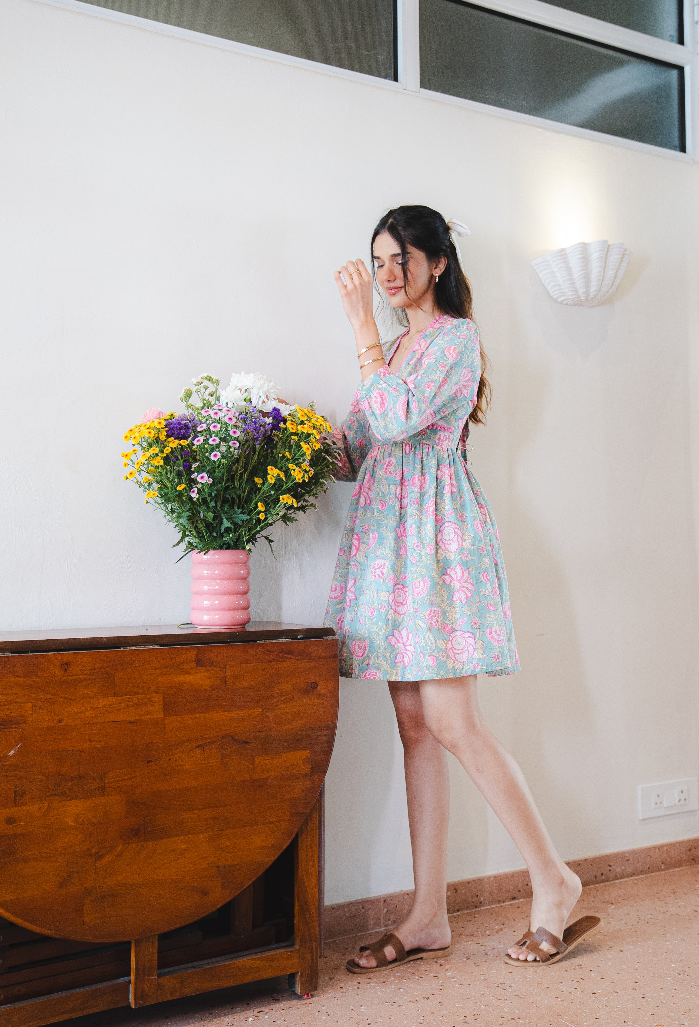 Floral Print Cotton Dress with Sleeves and Back Bow Tie-up with Pocket