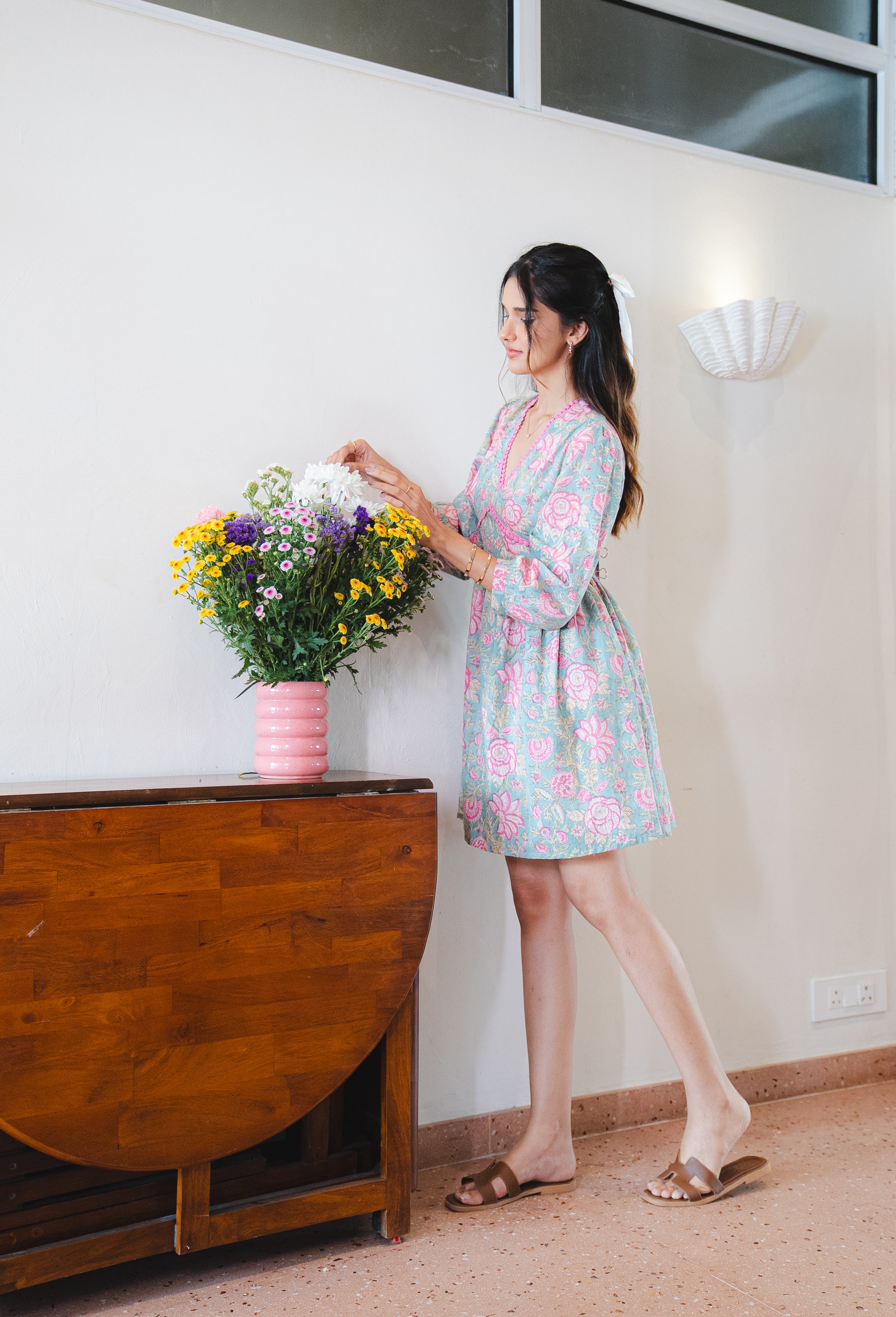 Floral Print Cotton Dress with Sleeves and Back Bow Tie-up with Pocket