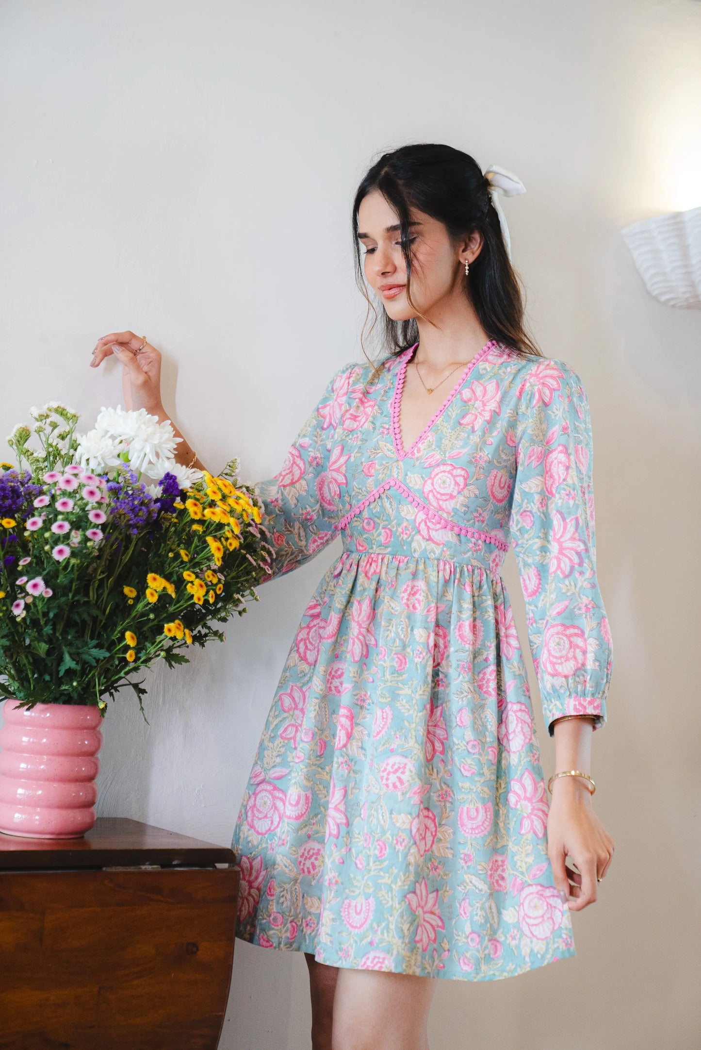 Floral Print Cotton short Dress with Sleeves and Back Bow Tie-up with Pocket SpringSummer'24