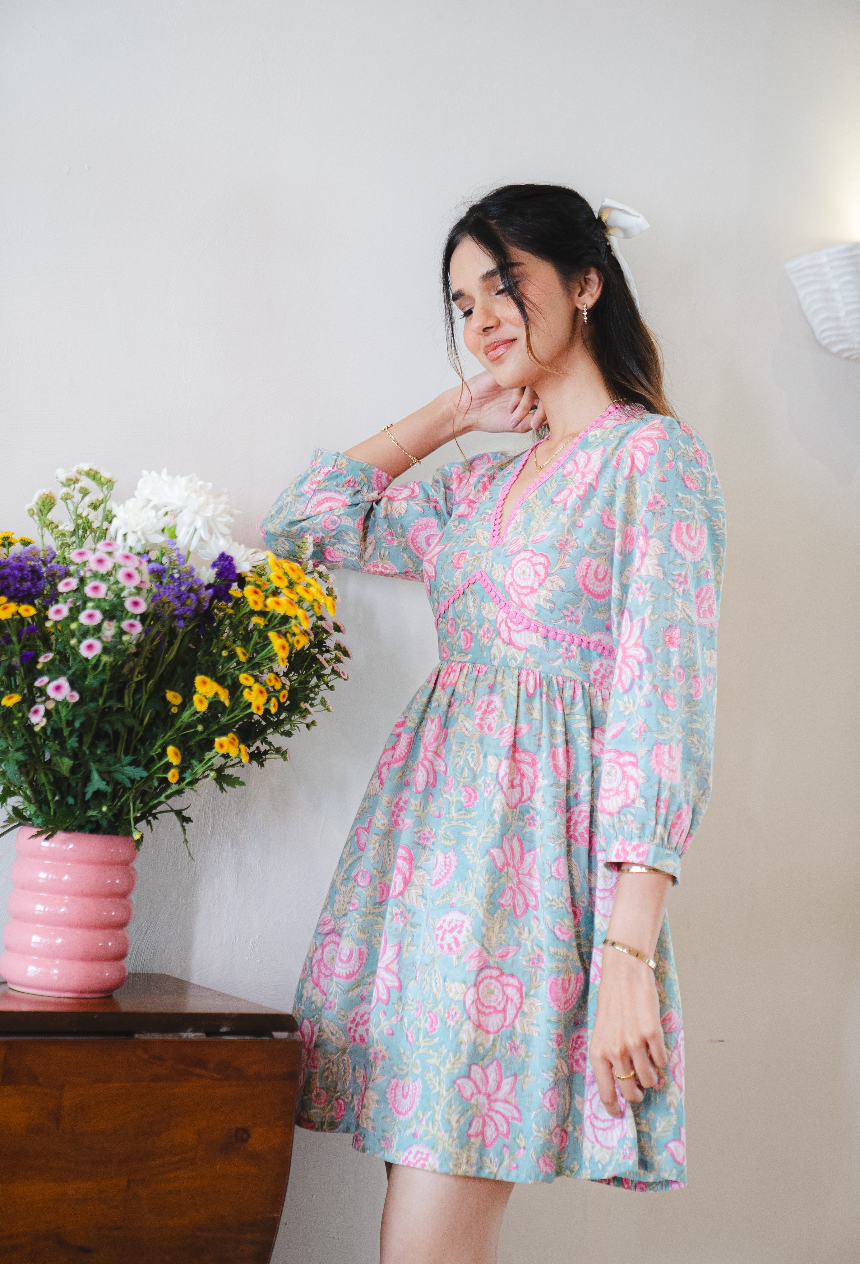 Floral Print Cotton Dress with Sleeves and Back Bow Tie-up with Pocket