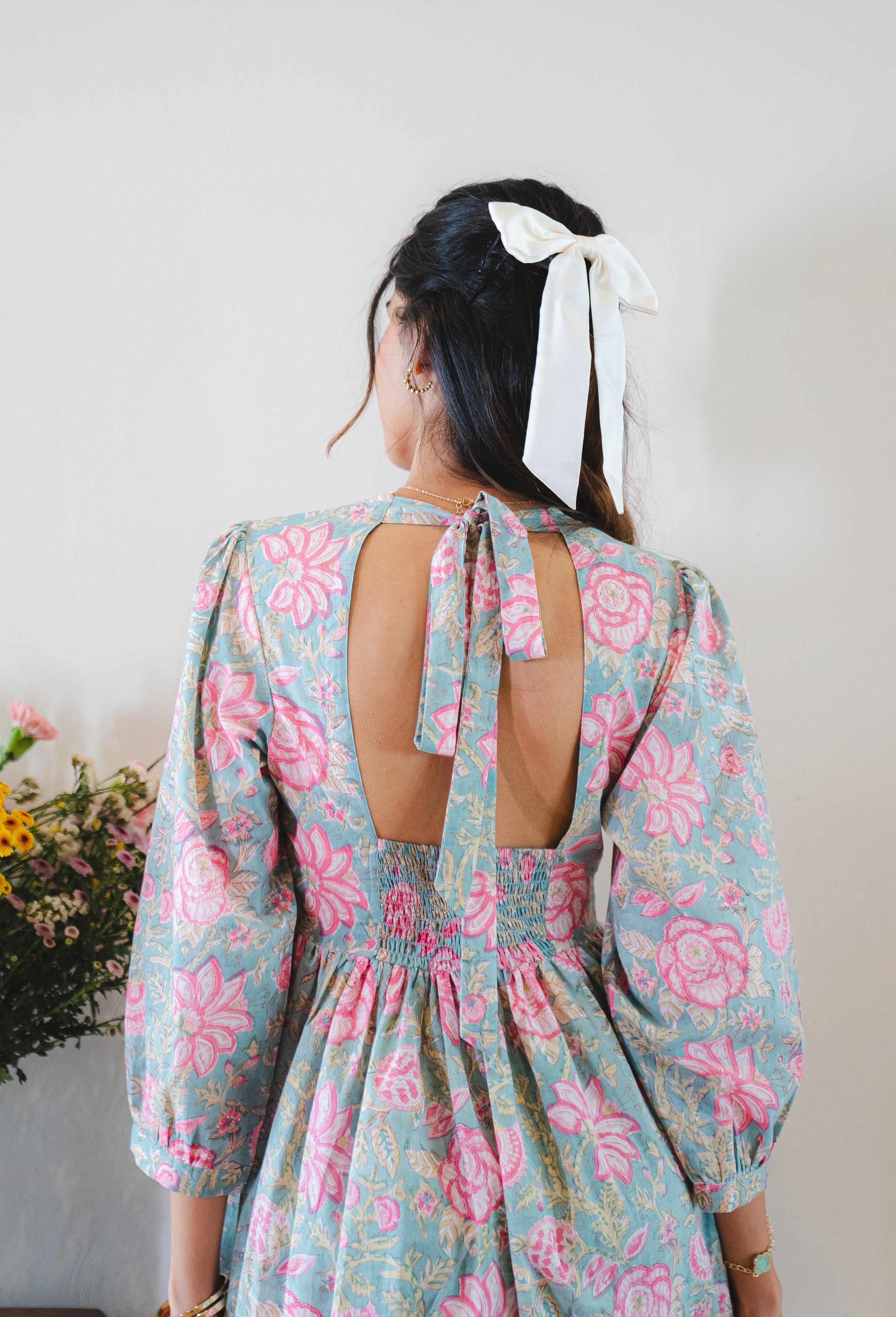 Floral Print Cotton Dress with Sleeves and Back Bow Tie-up with Pocket