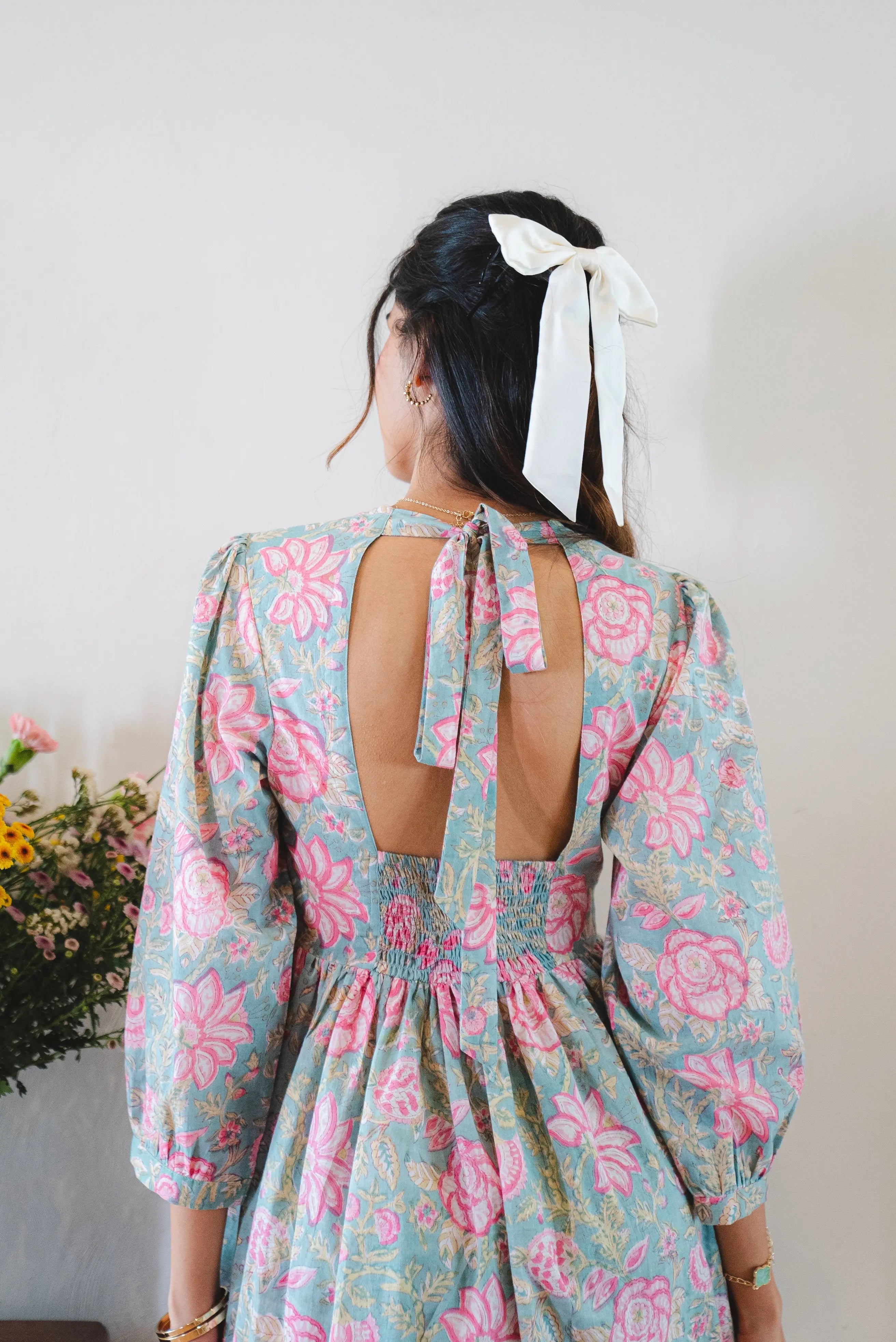 Floral Print Cotton short Dress with Sleeves and Back Bow Tie-up with Pocket SpringSummer'24