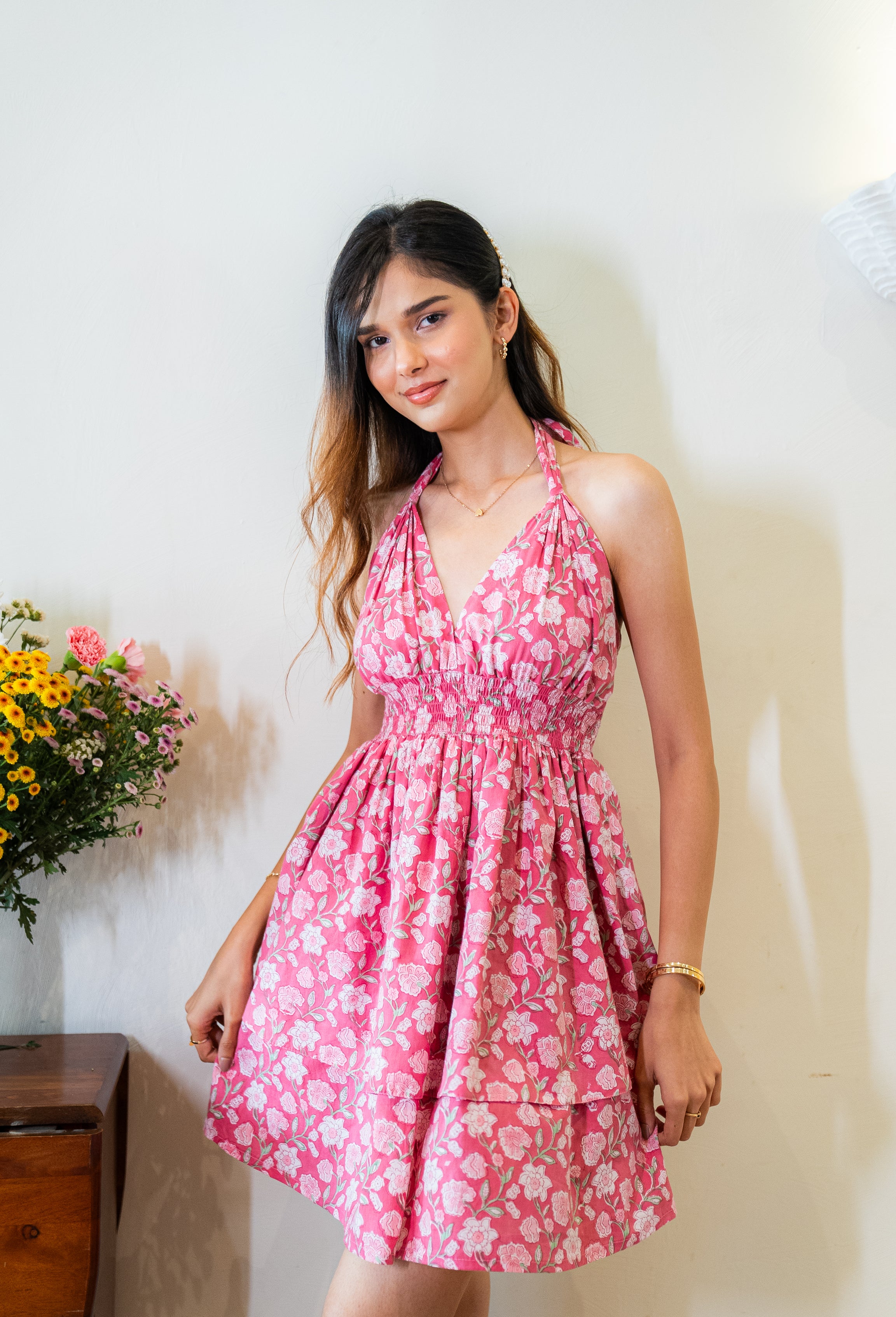 Pink Halter Neck Cotton Two Tier Dress