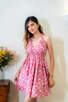 Pink Halter Neck Cotton Two Tier Short Dress SpringSummer'24