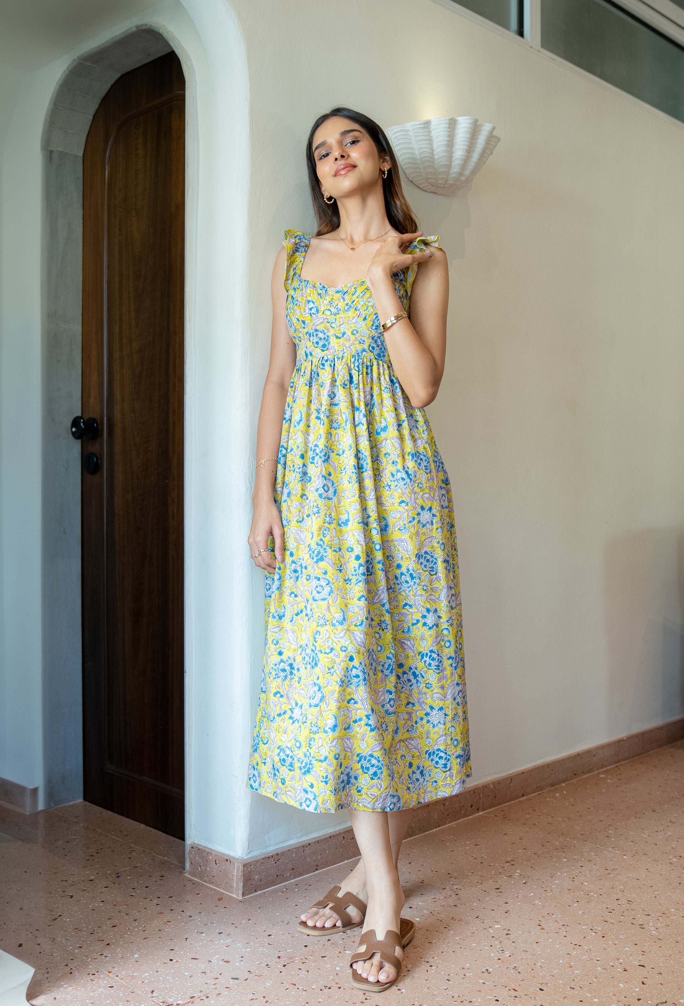 Yellow and Blue Floral Hand-Printed Cotton Maxi Dress with Pocket