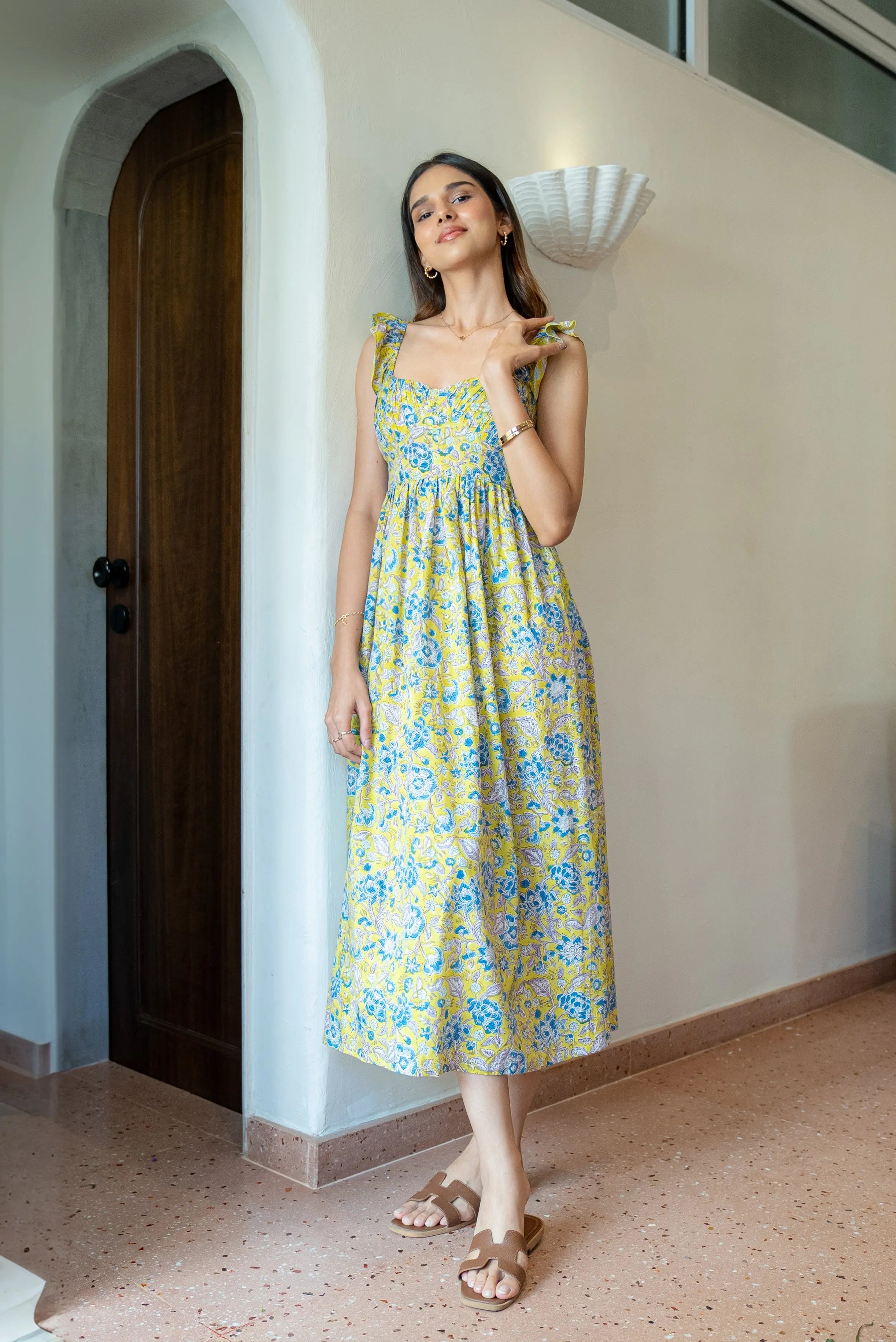 Yellow and Blue Floral Hand-Printed Cotton Maxi Dress with Pocket AMARAA