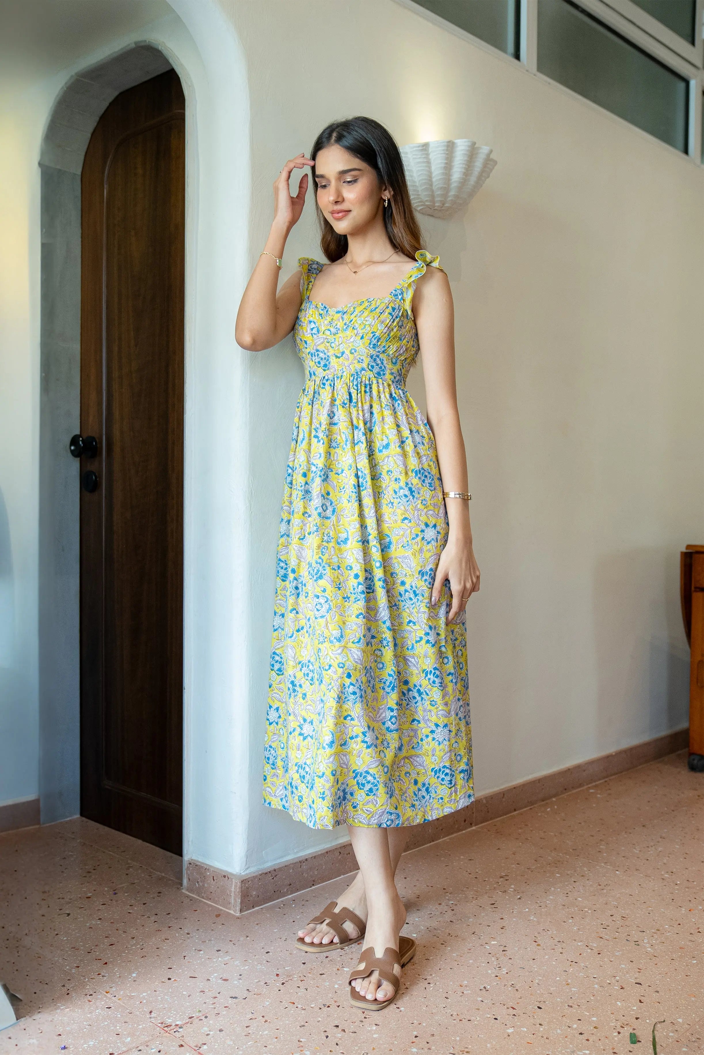 Yellow and Blue Floral Hand-Printed Cotton Maxi Dress with Pocket - AMARAA Yellow and Blue Floral Hand-Printed Cotton Maxi Dress with Pocket - AMARAA