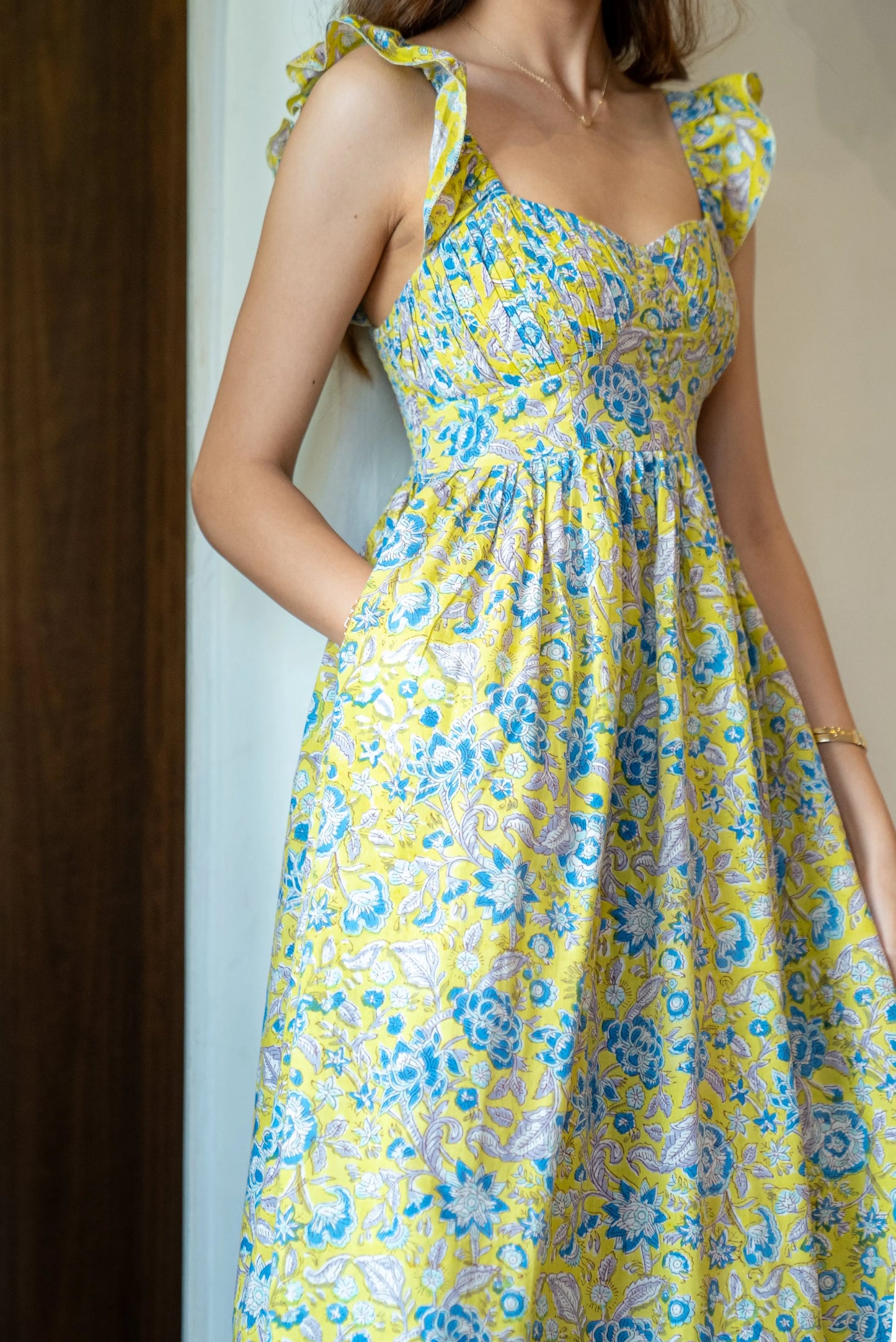 Yellow and Blue Floral Hand-Printed Cotton Maxi Dress with Pocket AMARAA