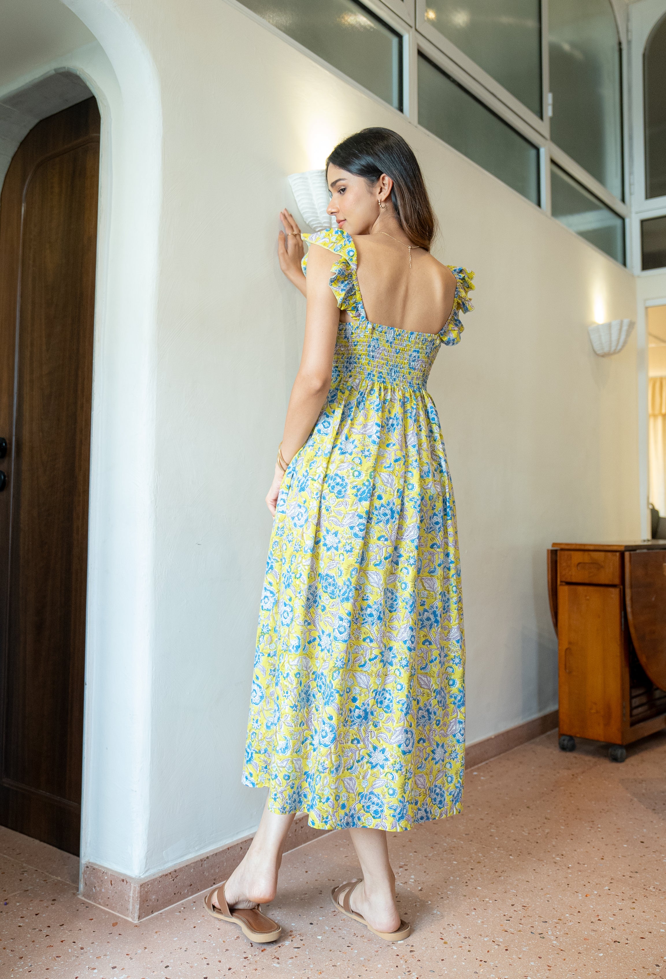 Yellow and Blue Floral Hand-Printed Cotton Maxi Dress with Pocket