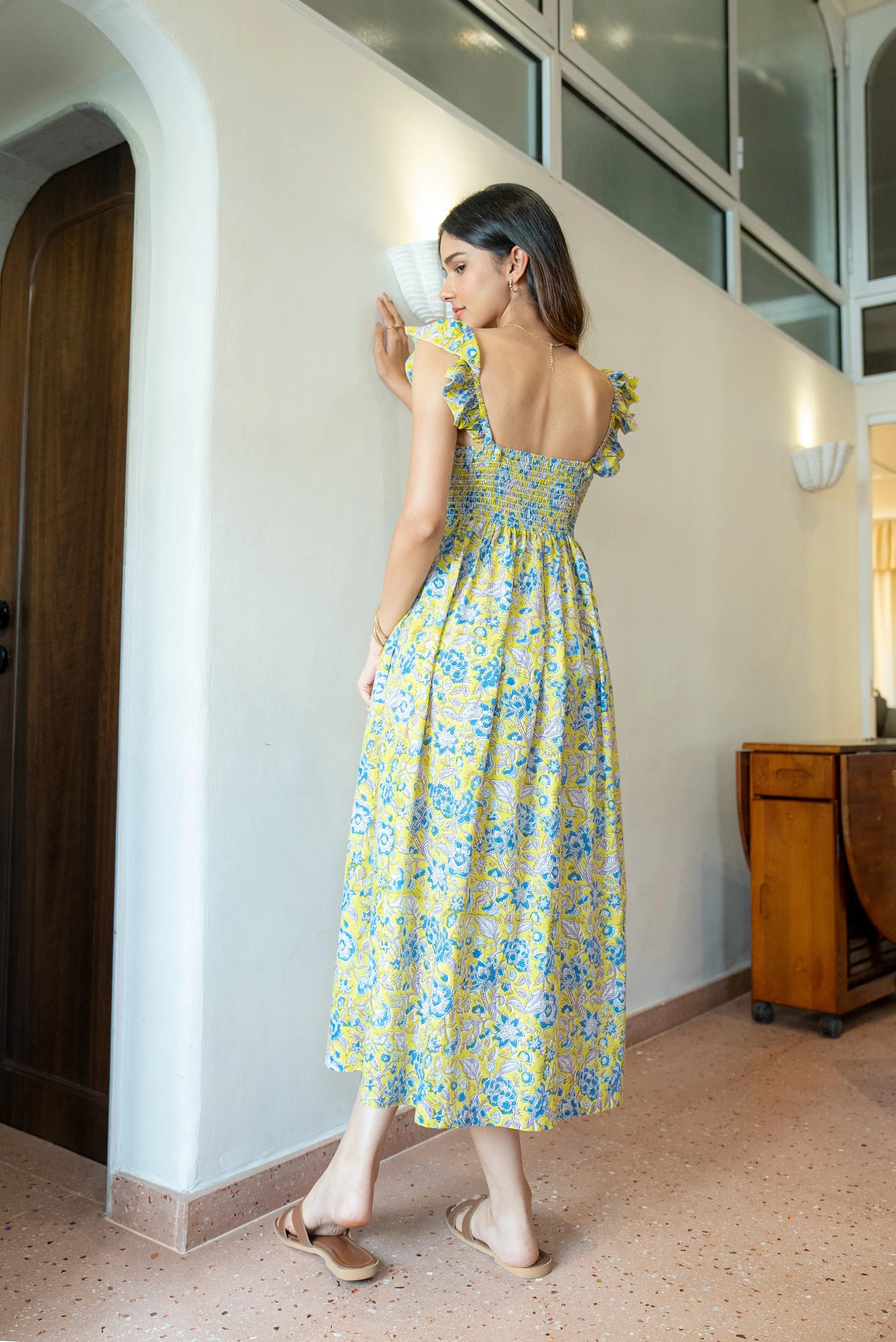 Yellow and Blue Floral Hand-Printed Cotton Maxi Dress with Pocket AMARAA