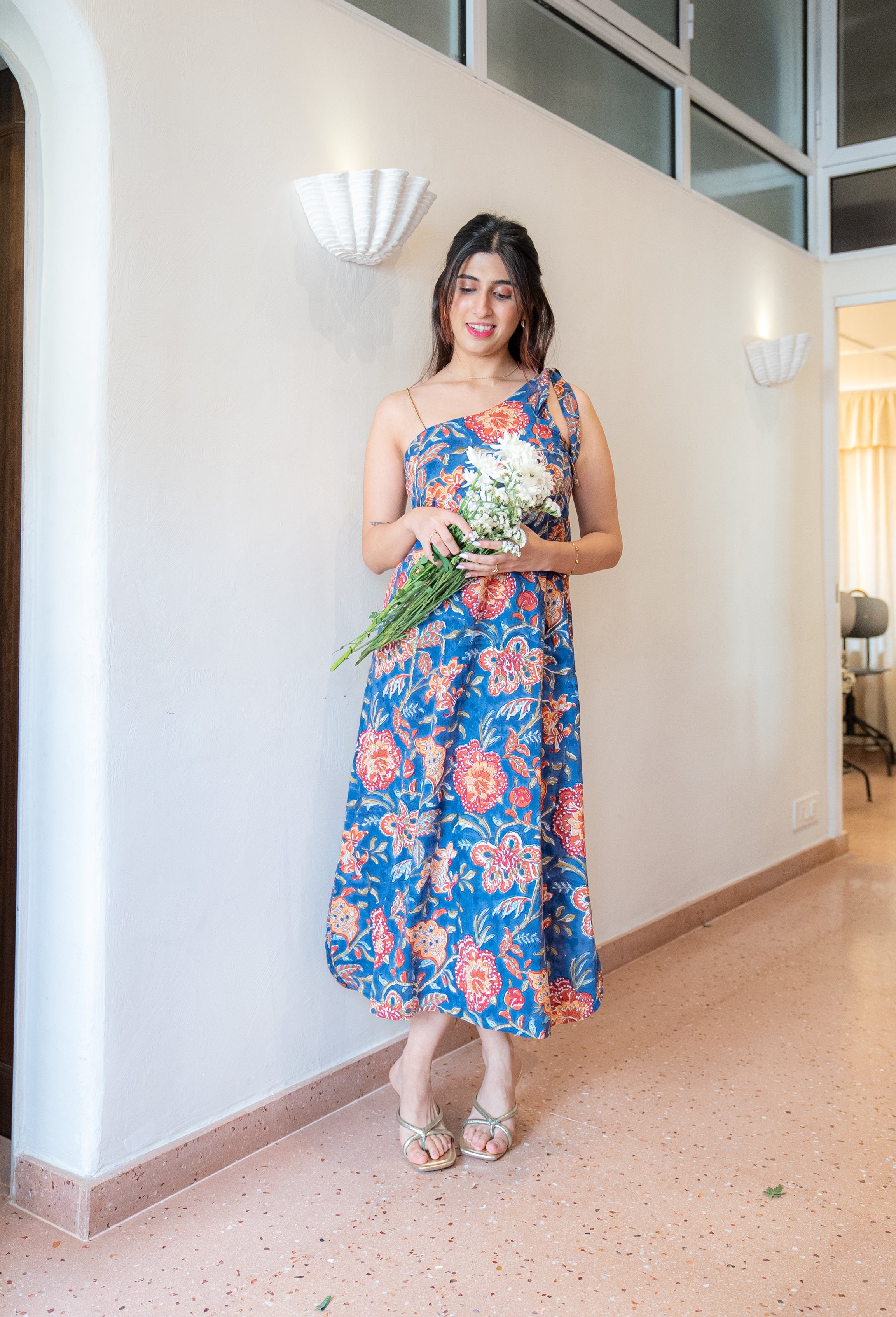 One Shoulder Tie Up A-Line Cotton Dress