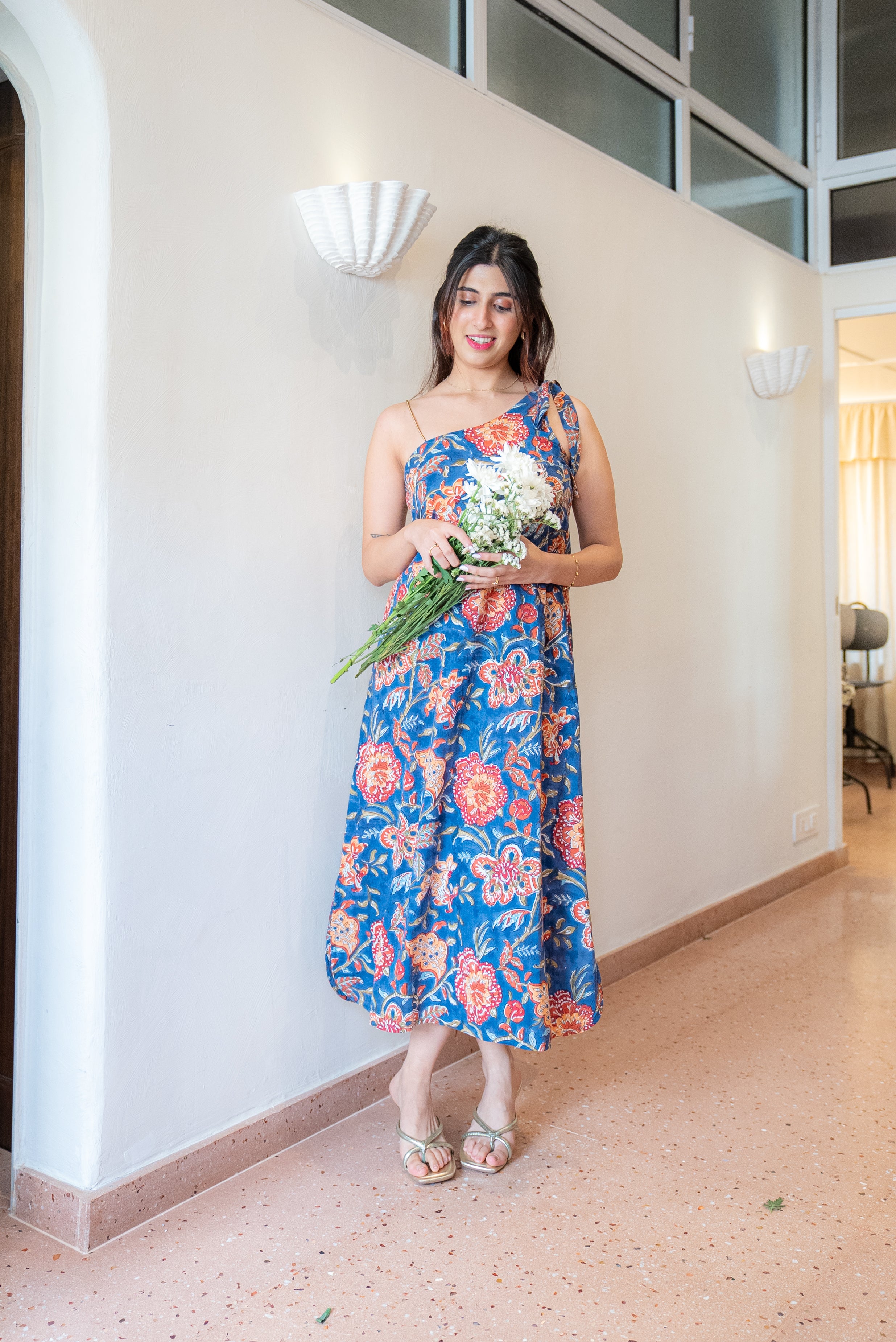 One Shoulder Tie Up A-Line Cotton Dress AMARAA