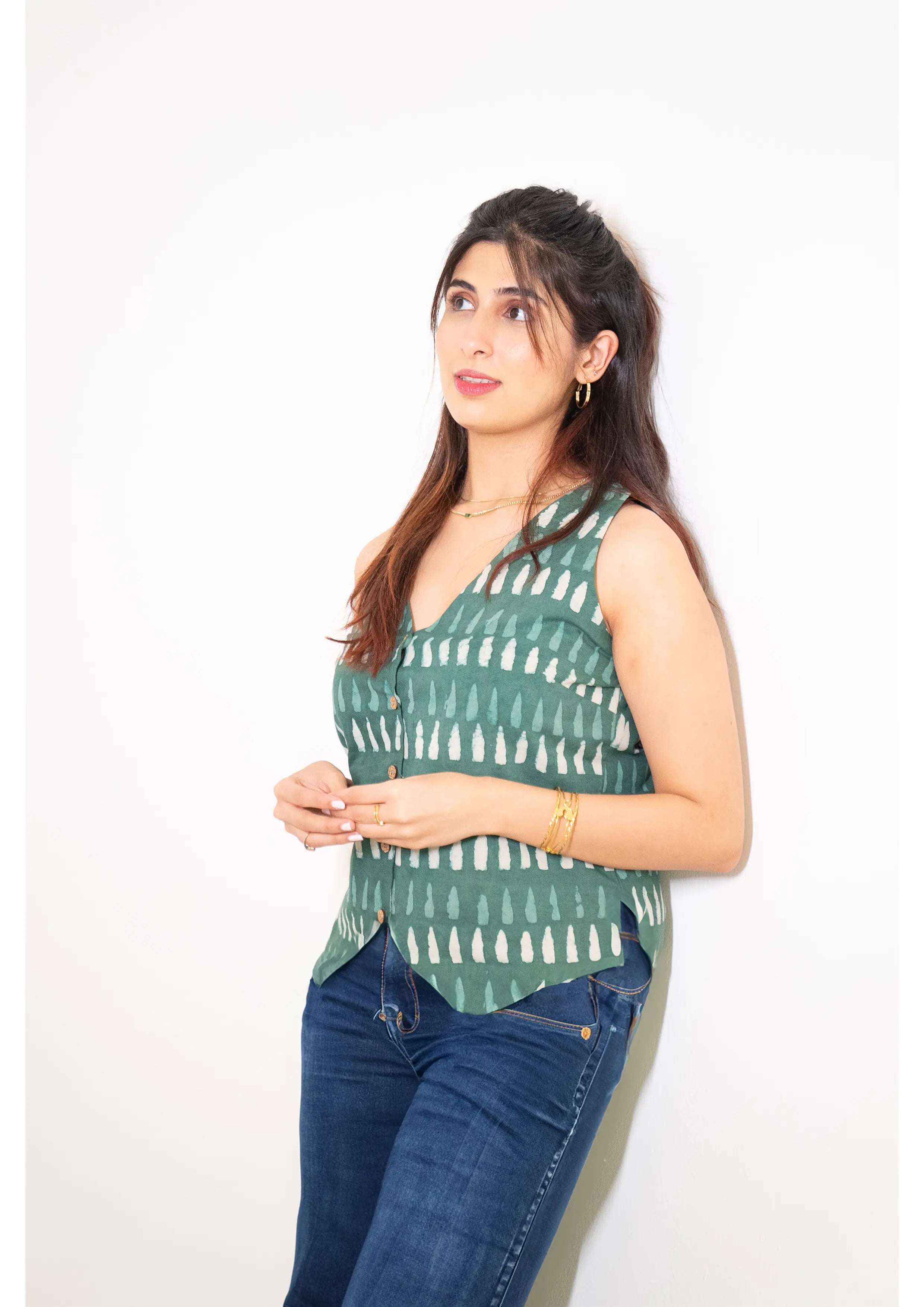 V-Neck Green Hand Block Printed Sleeveless Vest AMARAA