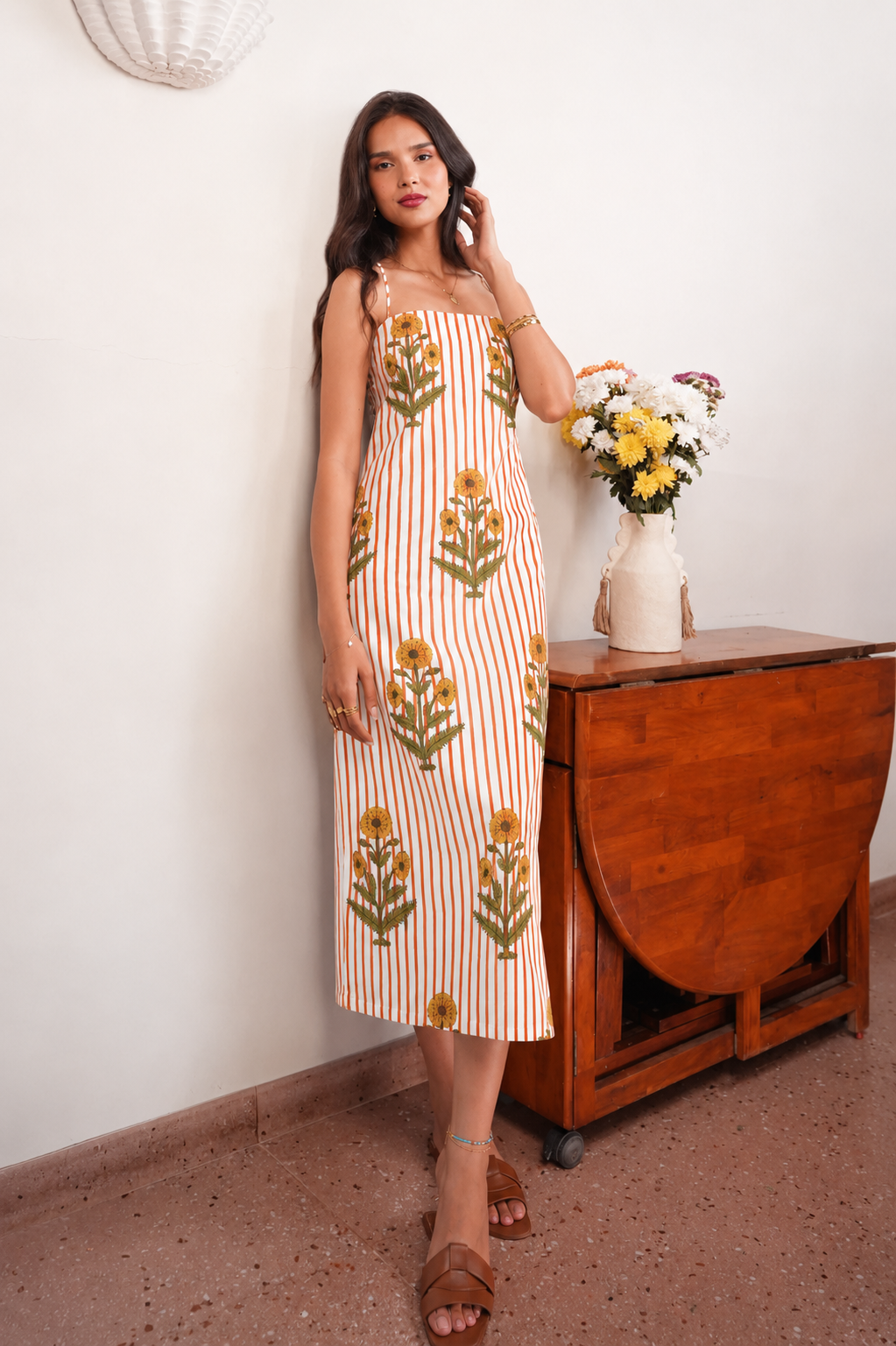 White & Orange Stripe Floral Cotton Maxi Dress with Slit