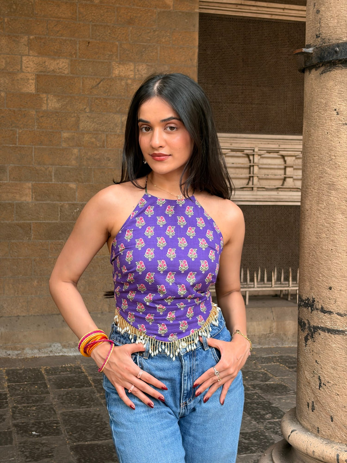 Purple and Green Floral Reversible Top with Back Tie-Up & Lace Detailing