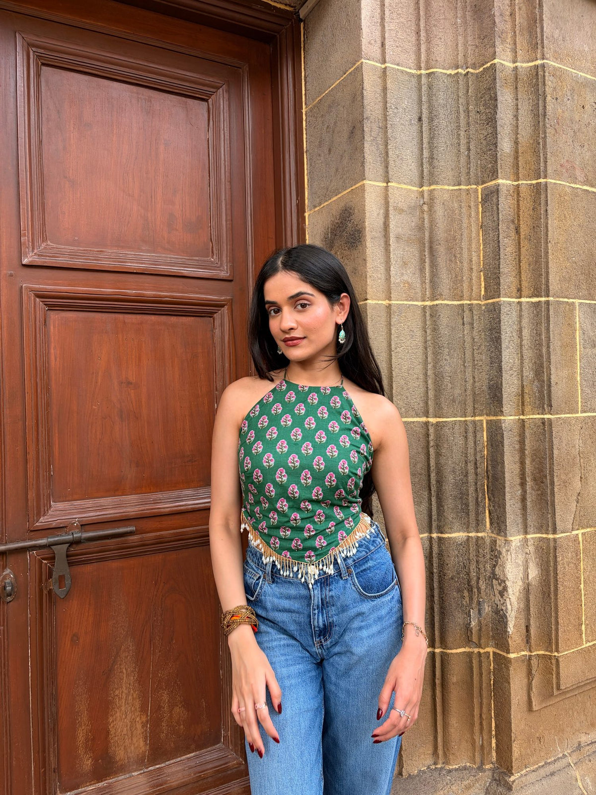 Purple and Green Floral Reversible Top with Back Tie-Up & Lace Detailing