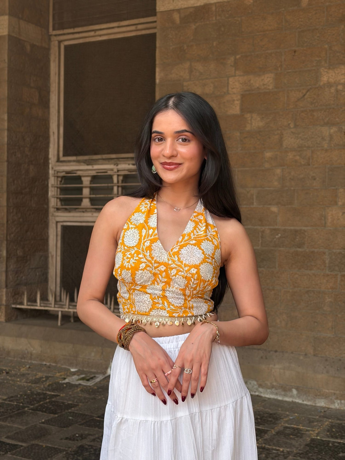 Yellow and White Floral Halter Top with Back Smocking & Lace Detailing