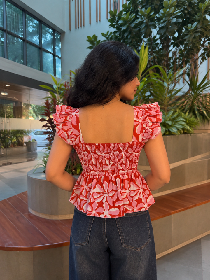 Orange & White Floral Peplum Top with Back Smocking