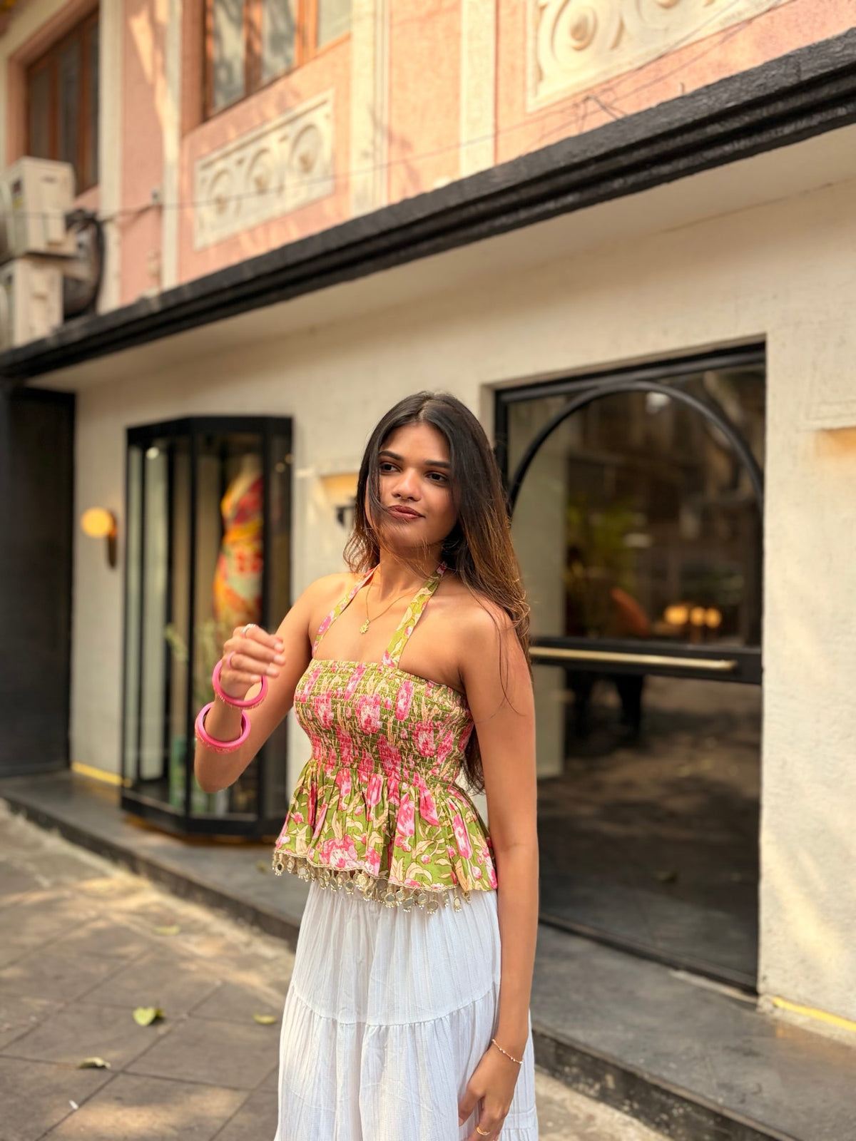 Green and Pink Floral Tube Top with Halter Tie-Up & Mirror Lace