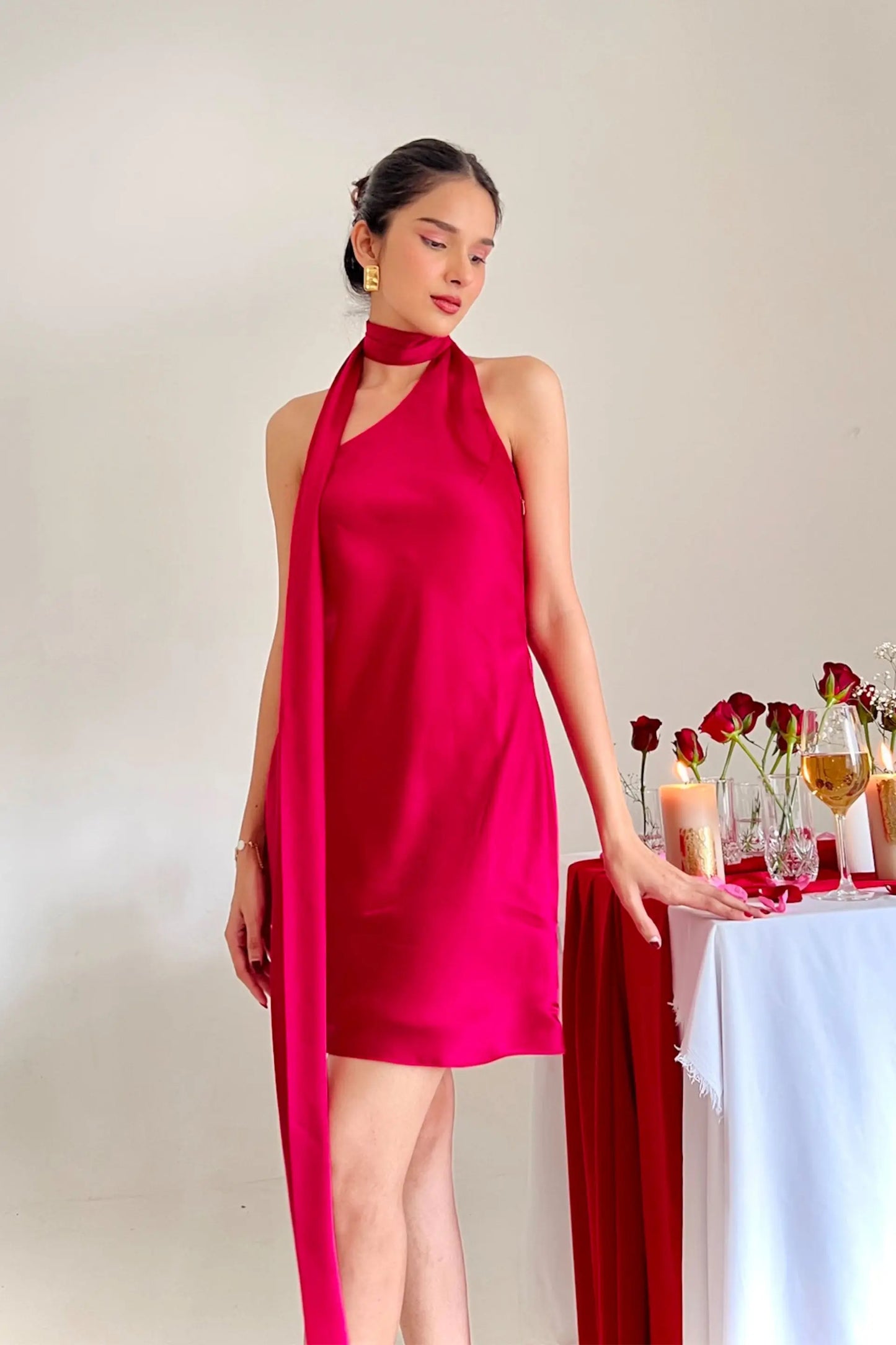 Irum One Shoulder Hot Pink Short Scarf Dress Valentines Day Collection