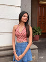 Pink and Green Floral Halter Top with Back Smocking & Lace Detailing