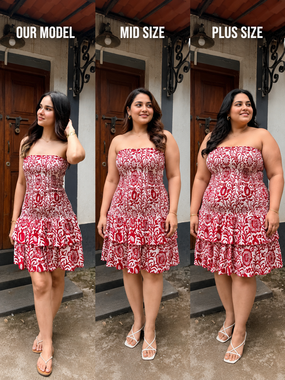 Red & White Floral Cotton Smocked Tiered Tube Dress