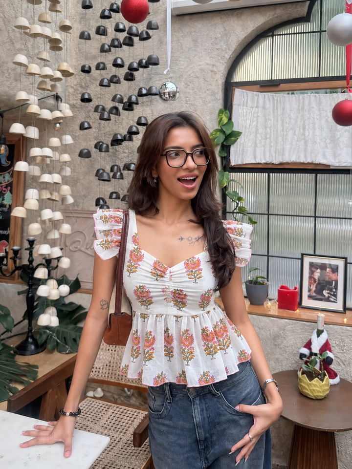 White Floral Peplum Top with Back Smocking