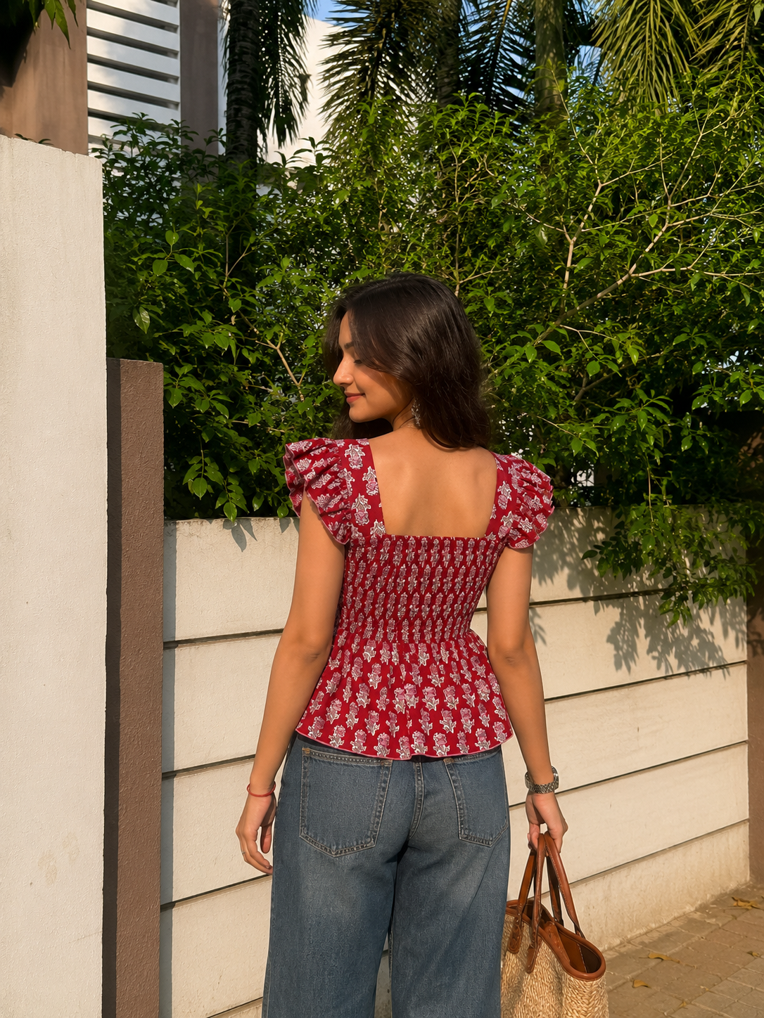 Red Floral Printed Sweetheart Neckline Peplum Top with Back Smocking