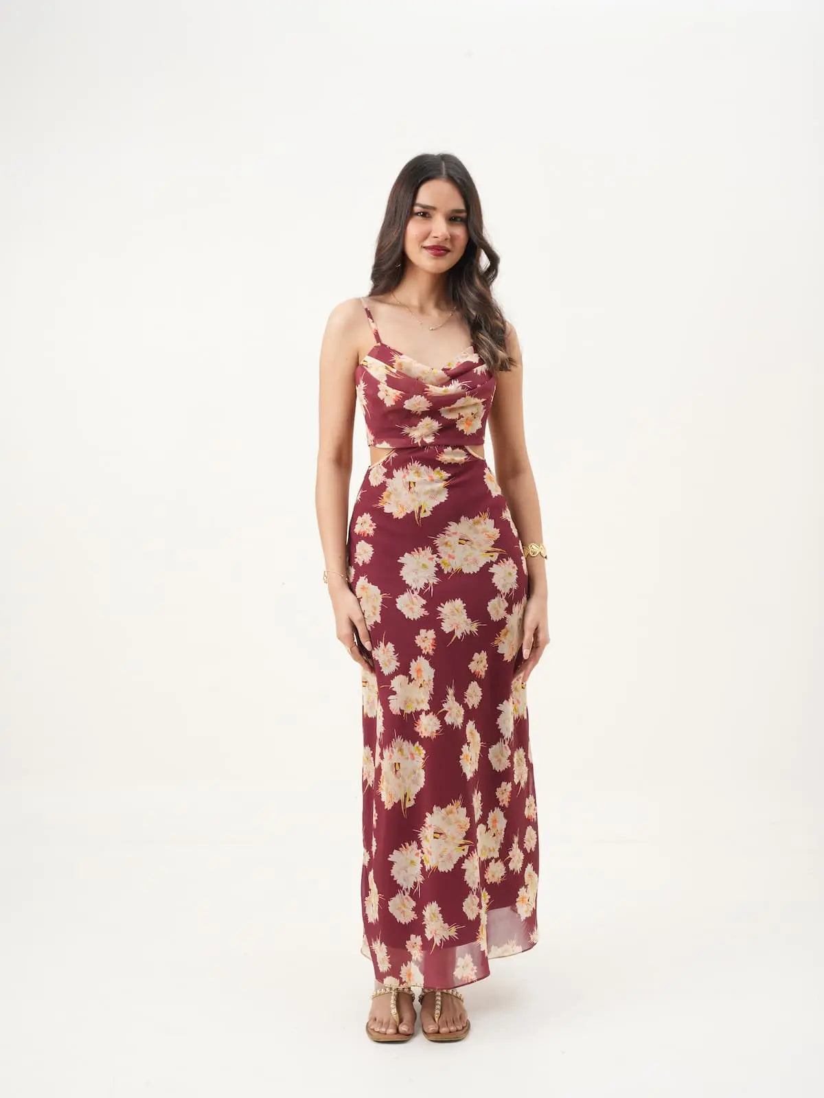 Maroon & Beige Floral Cowl Neck Fit & Flare Dress with Adjustable Straps & Back Zipper (Copy) New Years Eve Collection