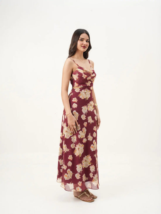 Maroon & Beige Floral Cowl Neck Fit & Flare Dress with Adjustable Straps & Back Zipper (Copy) New Years Eve Collection
