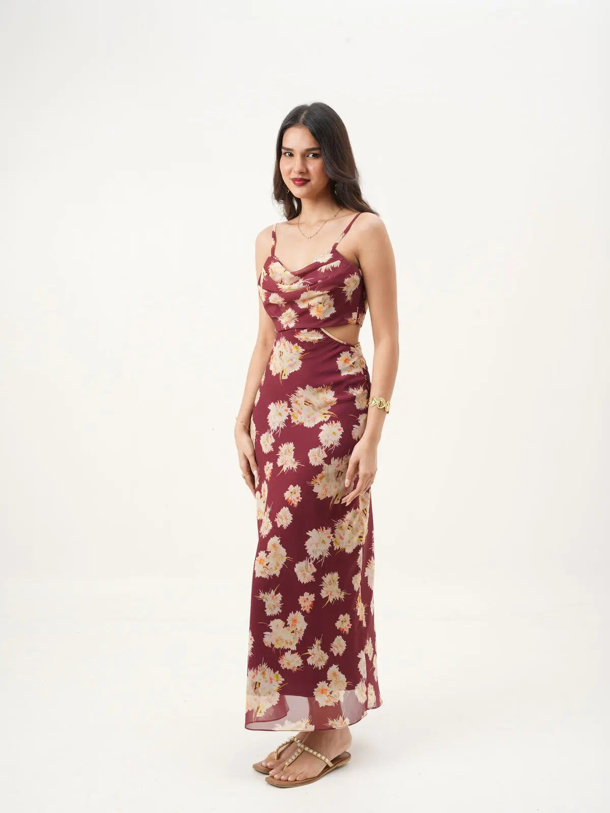 Maroon & Beige Floral Cowl Neck Fit & Flare Dress with Adjustable Straps & Back Zipper (Copy) New Years Eve Collection