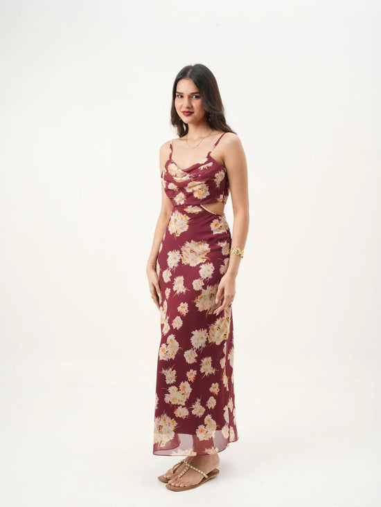 Maroon & Beige Floral Cowl Neck Fit & Flare Dress with Adjustable Straps & Back Zipper (Copy) New Years Eve Collection