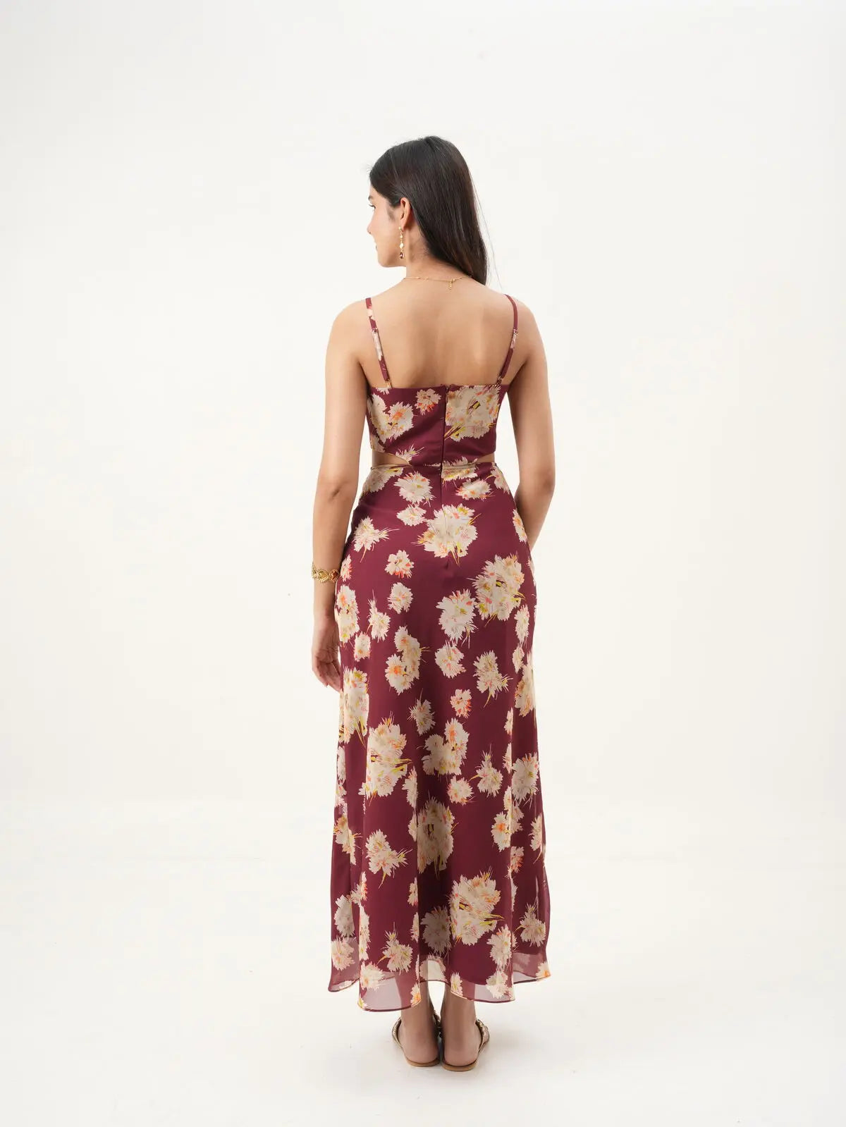Maroon & Beige Floral Cowl Neck Fit & Flare Dress with Adjustable Straps & Back Zipper (Copy) New Years Eve Collection