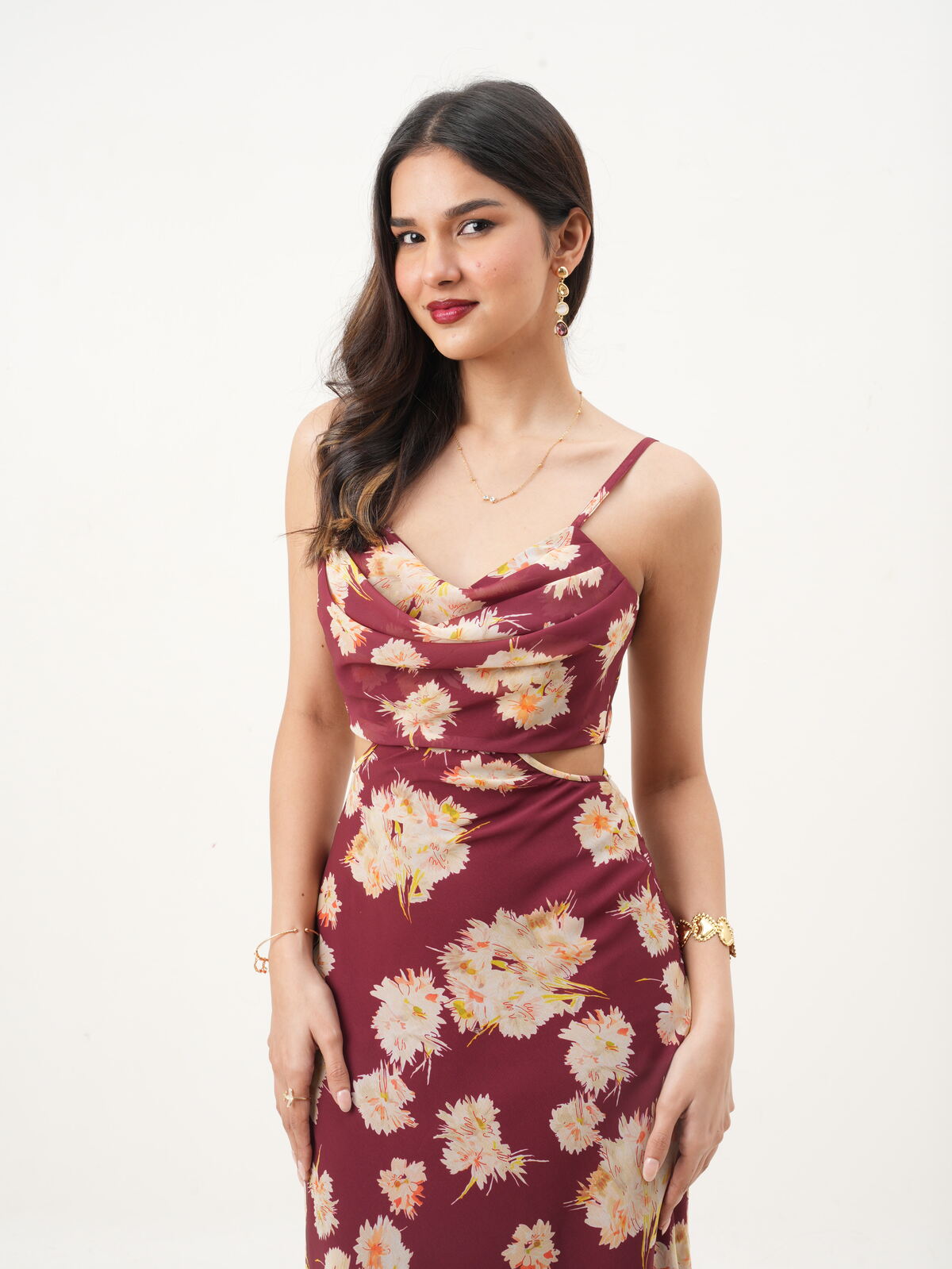 Maroon & Beige Floral Cowl Neck Fit & Flare Dress with Adjustable Straps & Back Zipper (Copy) New Years Eve Collection