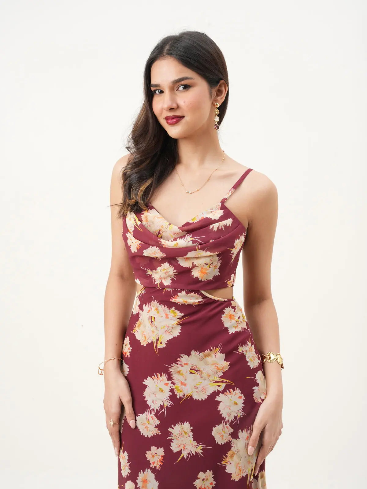 Maroon & Beige Floral Cowl Neck Fit & Flare Dress with Adjustable Straps & Back Zipper (Copy) New Years Eve Collection