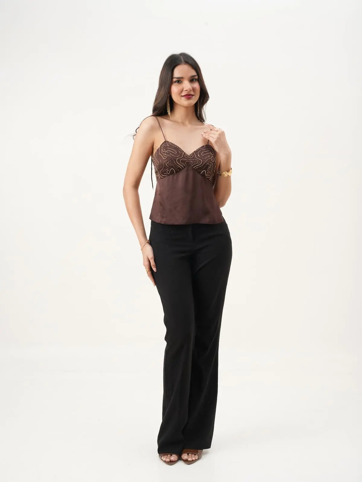 Brown Sleeveless Sweetheart Neck Fit & Flare Top with Hand-Embroidery New Years Eve Collection