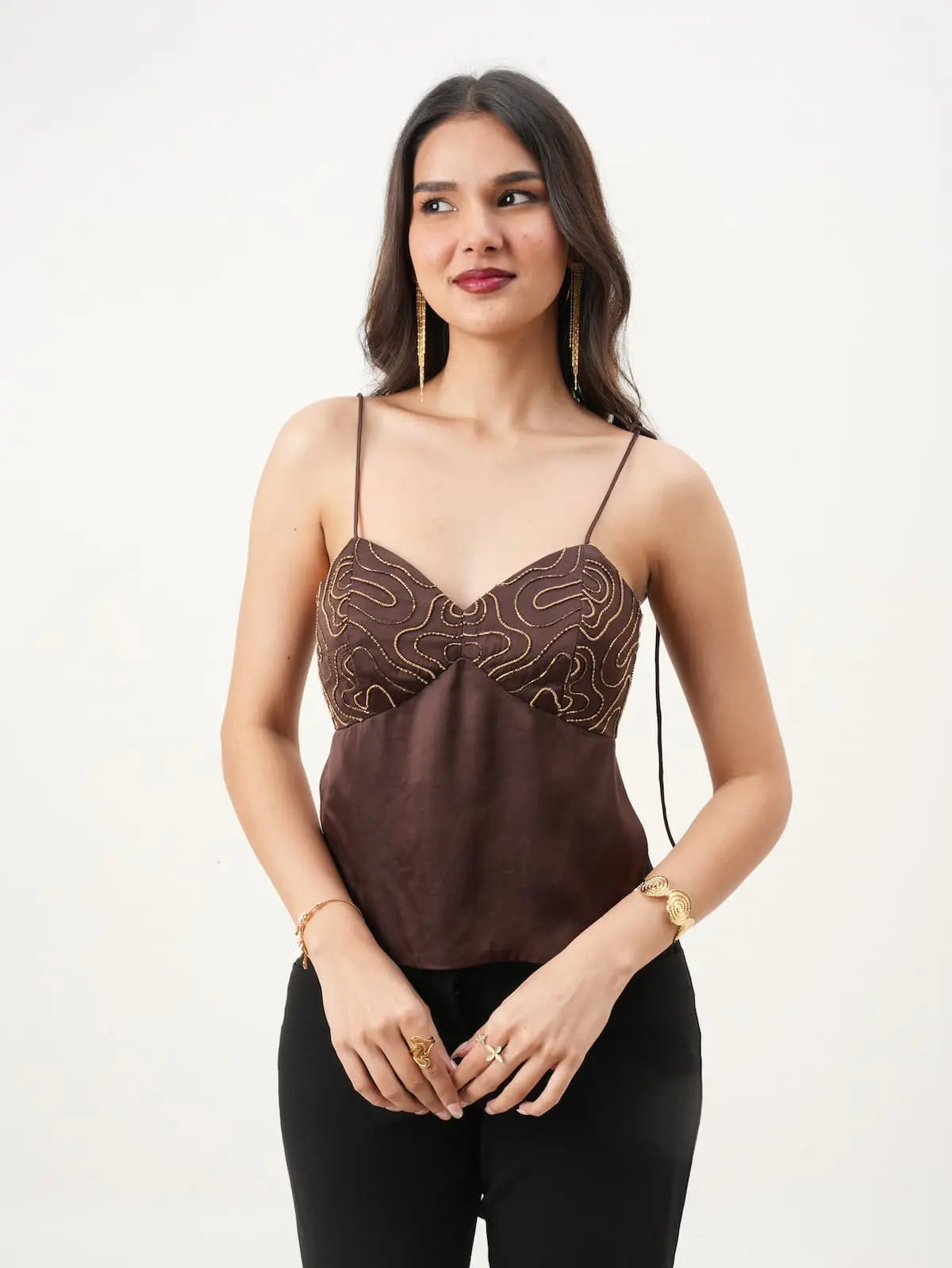 Brown Sleeveless Sweetheart Neck Fit & Flare Top with Hand-Embroidery New Years Eve Collection