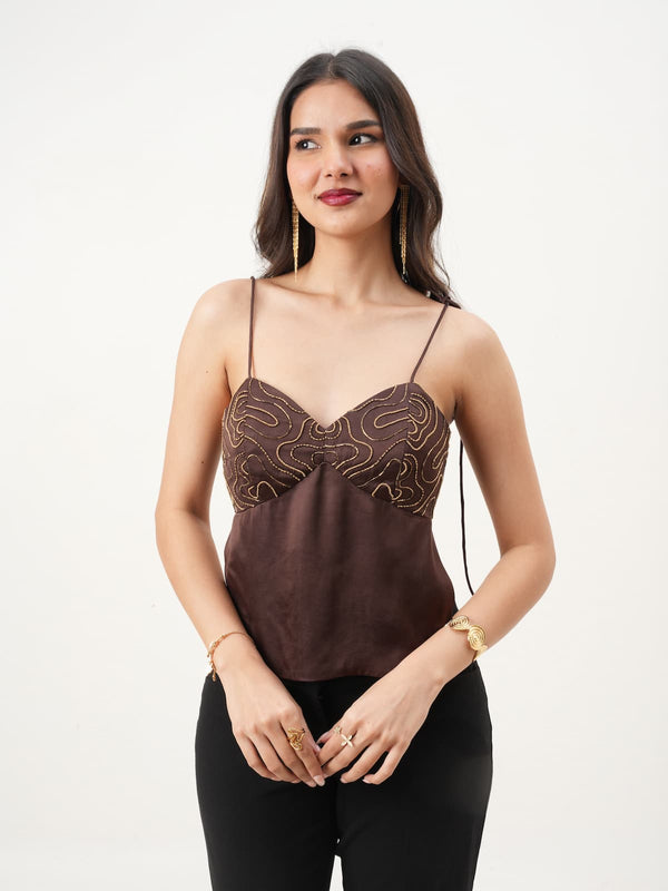 Brown Sleeveless Sweetheart Neck Fit & Flare Floral Top with Hand-Embroidery New Years Eve Collection
