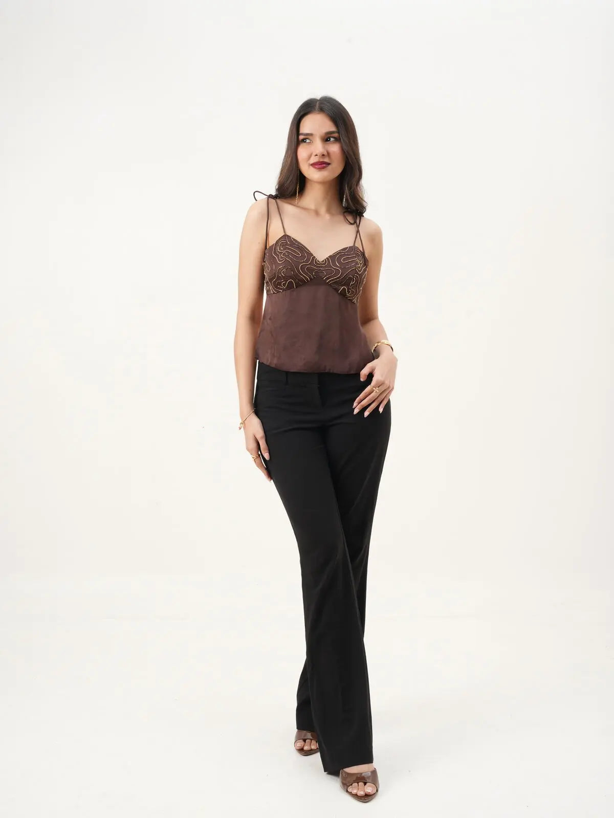 Brown Sleeveless Sweetheart Neck Fit & Flare Top with Hand-Embroidery New Years Eve Collection