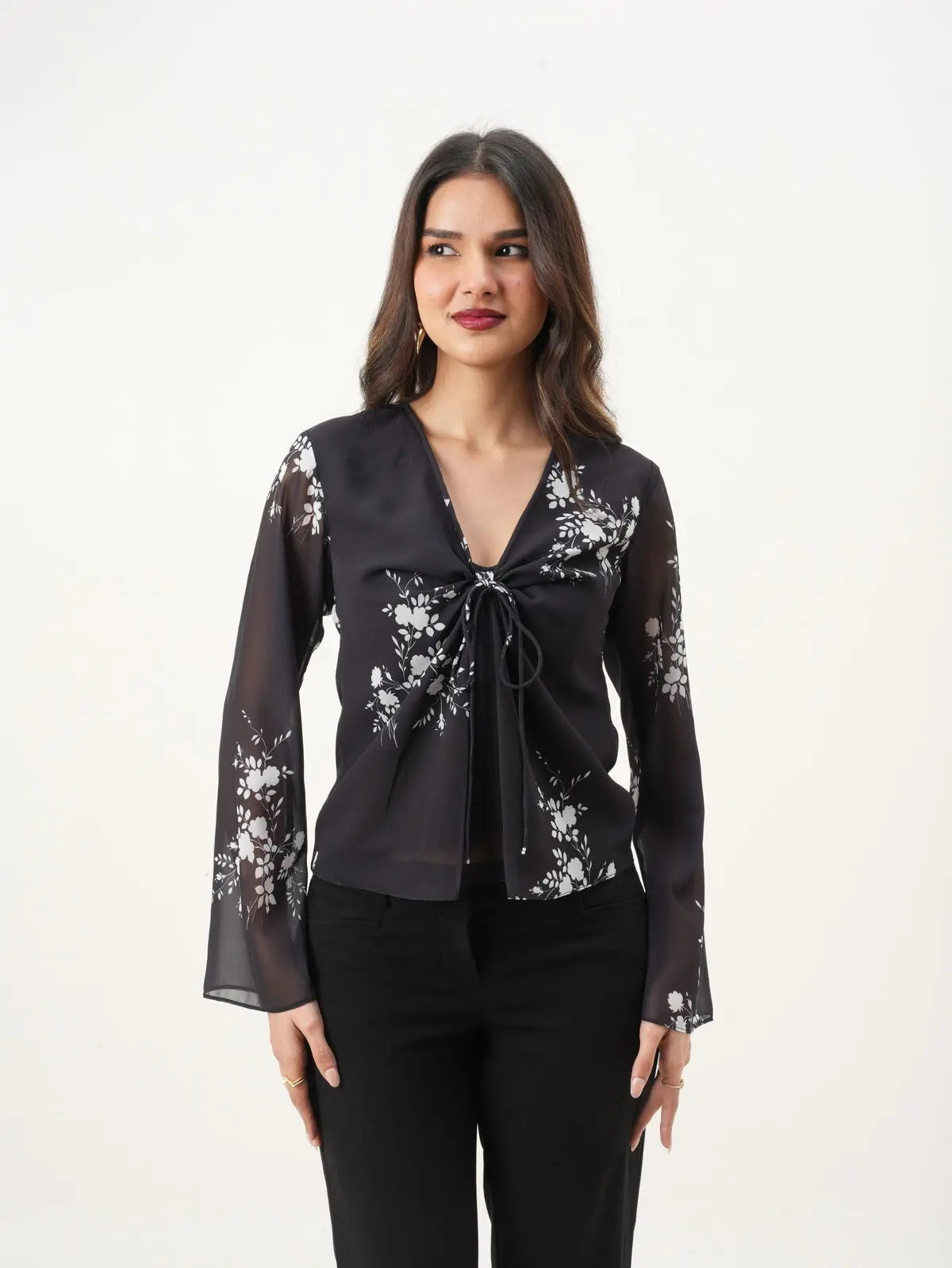 Black & White Floral  Printed V-Neck Loose Fit Top with Bell Sleeves New Years Eve Collection