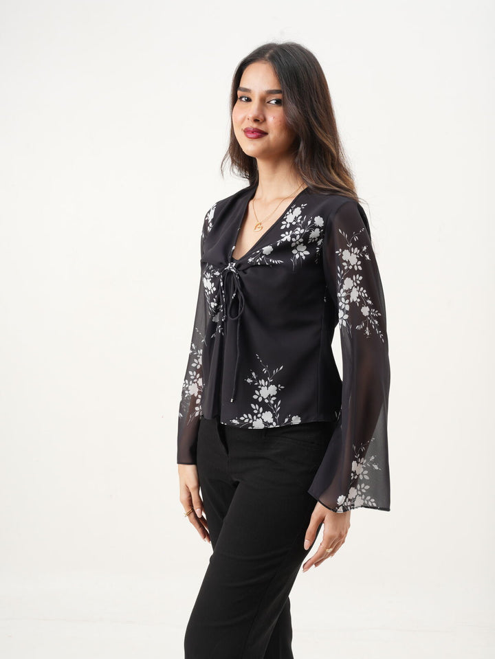 Black & White Floral V-Neck Loose Fit Top with Bell Sleeves New Years Eve Collection