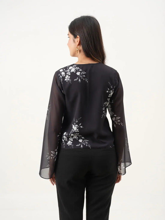 Black & White Floral  Printed V-Neck Loose Fit Top with Bell Sleeves New Years Eve Collection