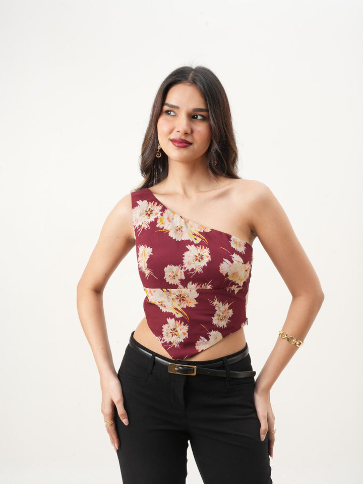 Maroon One-Shoulder Fitted Floral Top with Hand-Embroidery, Back Bow & Side Zipper New Years Eve Collection