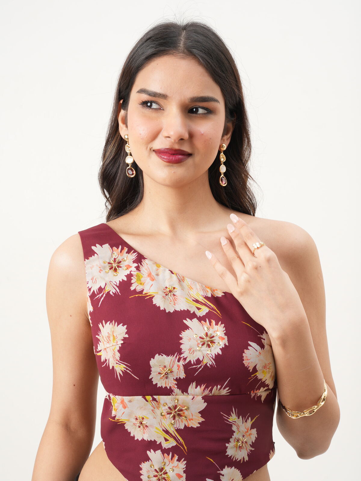 Maroon One-Shoulder Fitted Floral Top with Hand-Embroidery, Back Bow & Side Zipper New Years Eve Collection
