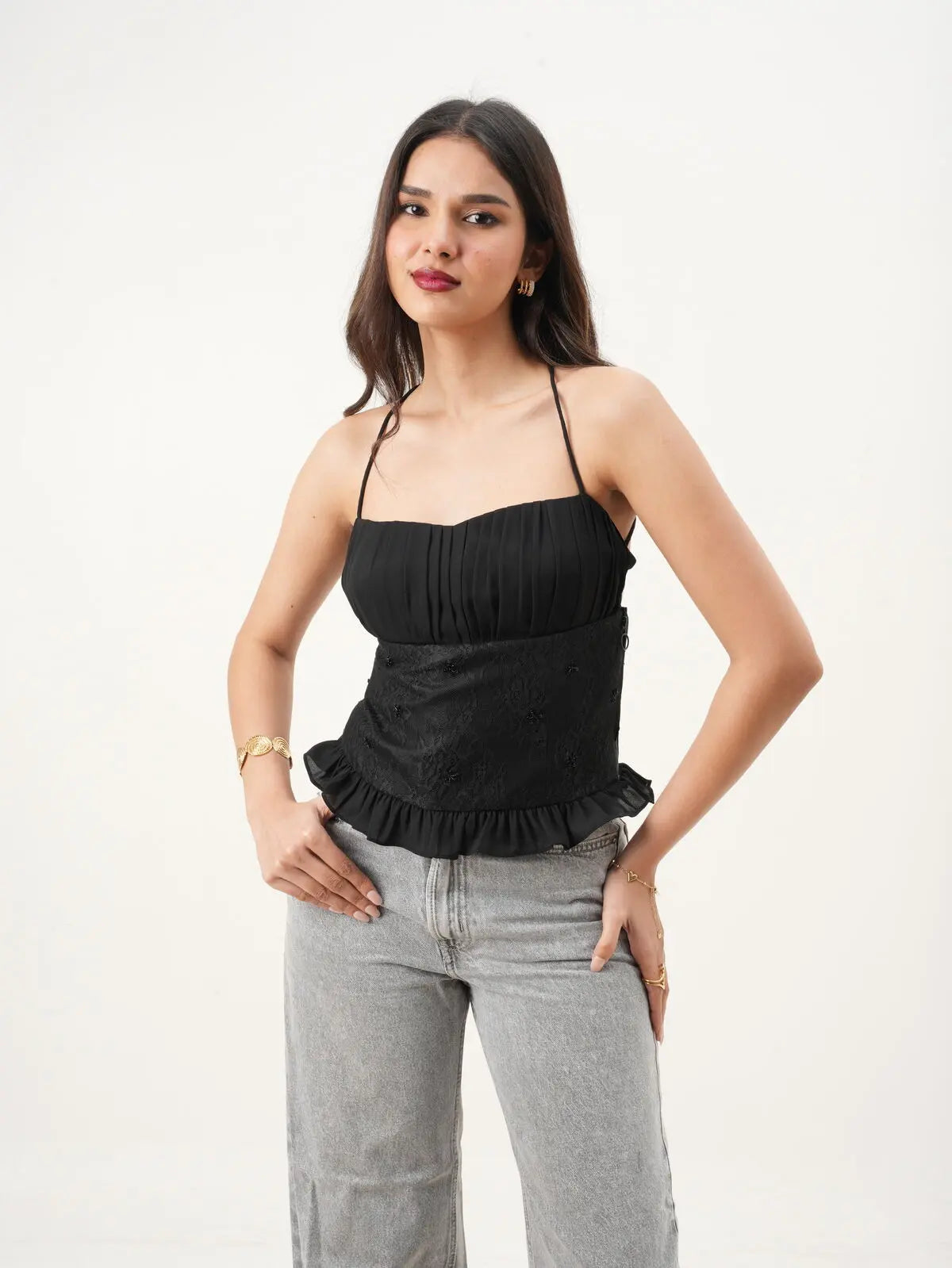 Black Floral Sweetheart Neck Sleeveless Fit & Flare Top with Hand-Embroidered Detailing (Copy) New Years Eve Collection