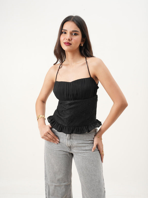 Black Floral Sweetheart Neck Sleeveless Fit & Flare Top with Hand-Embroidered Detailing (Copy) New Years Eve Collection