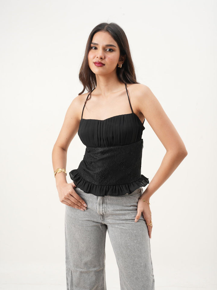 Black Floral Sweetheart Neck Sleeveless Fit & Flare Top with Hand-Embroidered Detailing (Copy) New Years Eve Collection