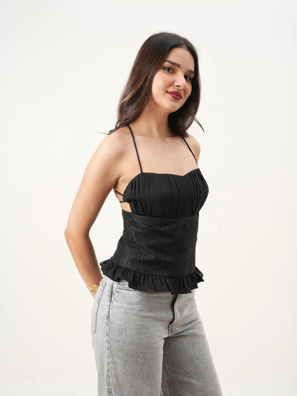 Black Floral Sweetheart Neck Sleeveless Fit & Flare Top with Hand-Embroidered Detailing (Copy) New Years Eve Collection
